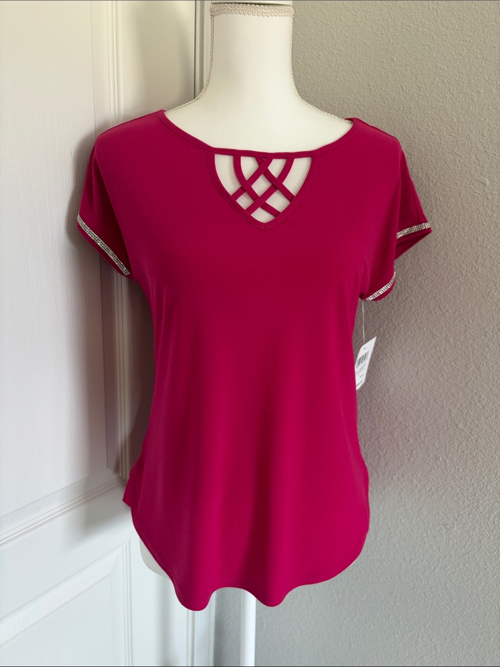 NWT Women’s Hot Pink Short Sleeve Top with Lattice Neck